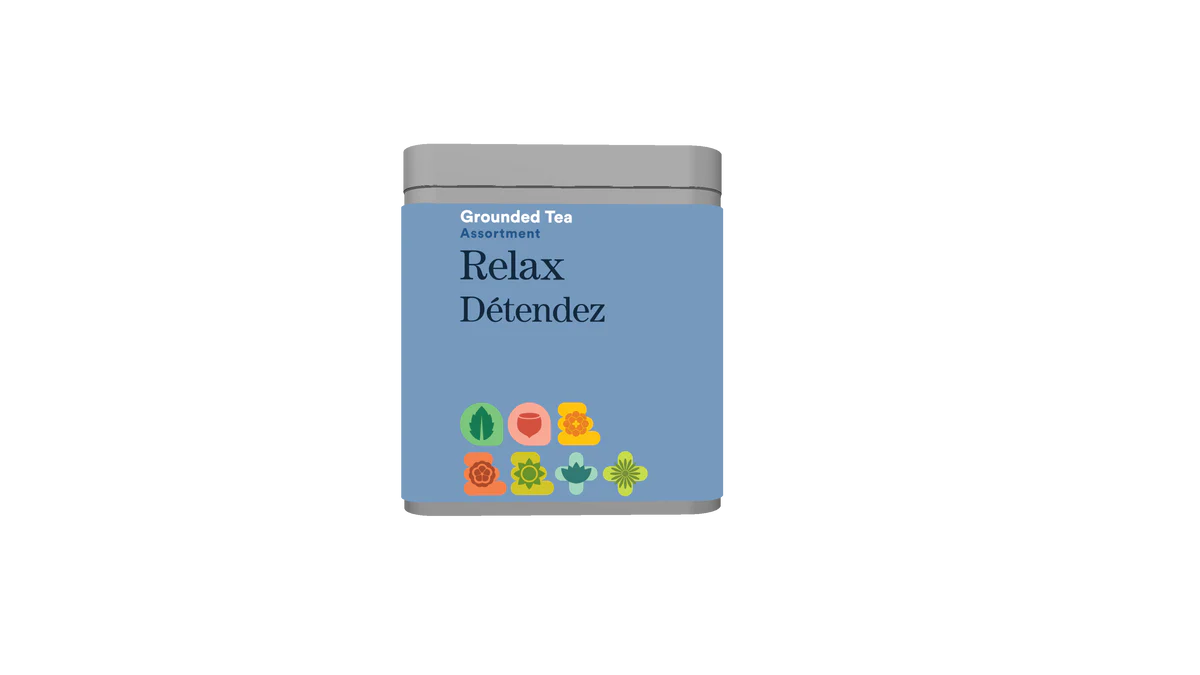 Assortment of Relax teas, including Hazelnut Honeybush, Mindful Mint, Golden Turmeric, Caramel Cacao, Ginger Glow, Yogi, and Be Well.